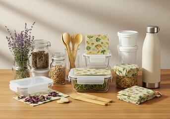 Sustainable Zero Waste Lifestyle Flatlay with Glass Jars Bamboo Utensils Beeswax Wrap and Bulk Ingredients