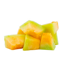 High Quality PNG Picture of orange honeydew melon chunks, isolated on white background