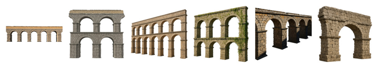 Ancient stone aqueduct set including multi-story, long sections, and weathered structures isolated. Historical architecture elements.
