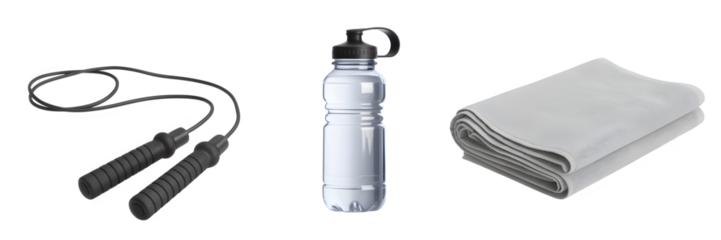 Fitness essentials featuring a jump rope water bottle and towel against a for a healthy lifestyle and workout routine concept