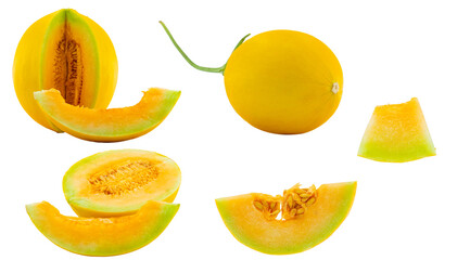 High Quality PNG Picture of honeydew melon slices and whole fruit on white background