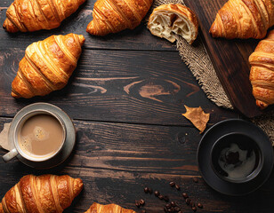 Cafe style flat lay on dark wood with croissant halves and a plain coffee cup around a cozy central copy area