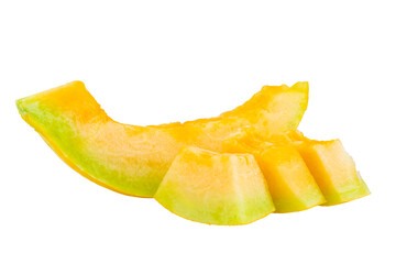 High Quality PNG Picture of orange honeydew melon slices on white background, close-up.