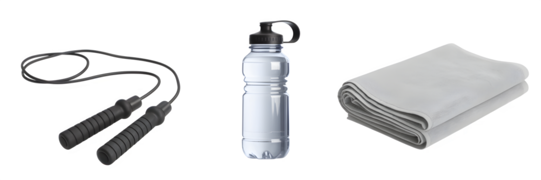 Fitness essentials featuring a jump rope water bottle and towel against a for a healthy lifestyle and workout routine concept