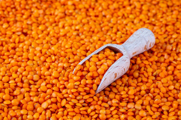 Red lentils isolated on white background. Pile of raw red lentils.