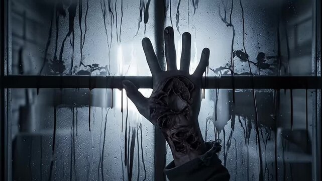 gruesome zombie hand on wet window horror scene