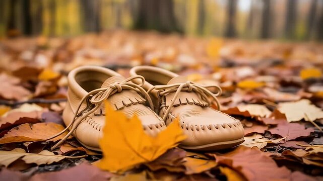 Cozy autumn scene featuring stylish moccasin shoes surrounded by colorful fallen leaves