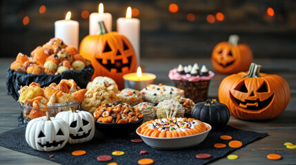 Food for halloween party, Colorful Halloween party snacks on a black table setting.