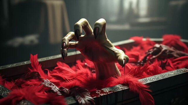 demonic hand red feathers coffin scary halloween scene