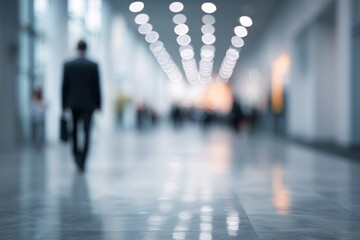 Blur background of businessman walking at corridor in convention hall, business office building hall way background. High quality