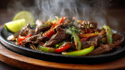 A steaming skillet of beef fajitas with peppers and a lime wedge on the side