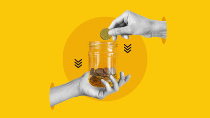 Hand putting coins inside of glass jar is symbolizing time to save money, crowdfunding, investment and interest. Become a sponsor as financial planning concept