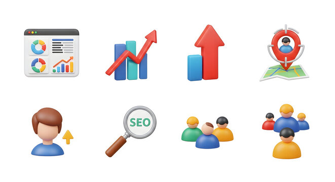 Collection of vibrant 3D icons representing digital marketing strategy, business analytics, SEO, and audience growth