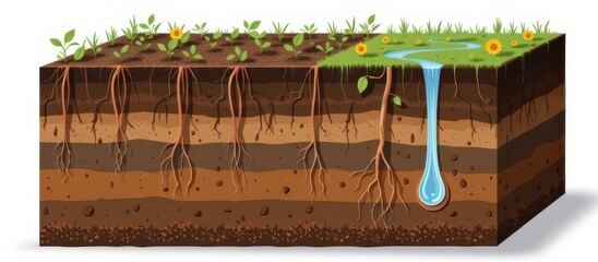 World soild day concept. Illustration of soil layers with roots and water flow.