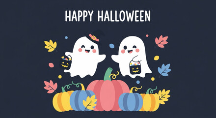 Fototapeta premium Happy Halloween Cute Ghost Friends, Pumpkins, and Autumn Leaves Celebration