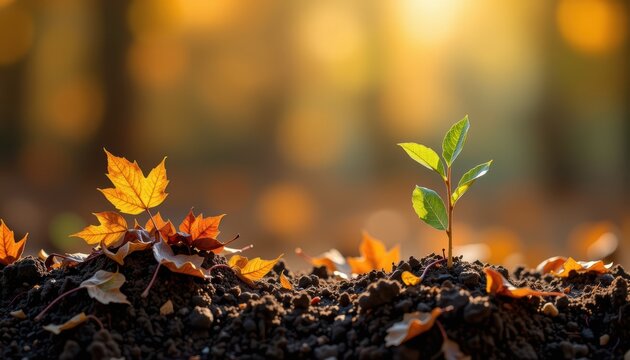 World soild day concept. New plant sprouting amidst fallen autumn leaves on dark soil.