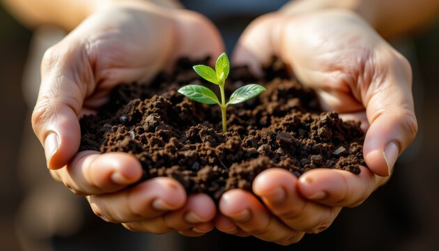 World soild day concept. Hands holding soil with a small green plant sprouting in the center.
