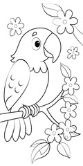 Cute cartoon parrot perched on a branch with flowers coloring page