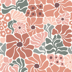 Seamless vector pattern with hand drawn groovy vintage flowers. Muted color palette floral illustration. Perfect for textile, wallpaper or print design.