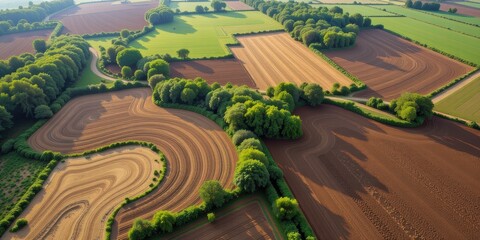World soild day concept. Aerial view of patchwork farmland with trees and varied soil colors.