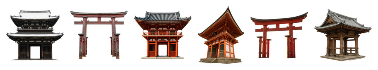 Obraz premium Traditional Japanese architecture set including temples, shrines, and torii gates isolated. Cultural heritage and travel collection.