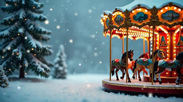Festive christmas carousel with horses spinning in snowy forest at night, winter holiday scene with falling snow, animation.