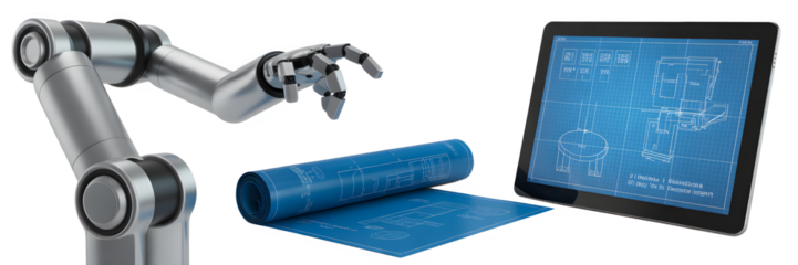 Robotic arm reaching for blueprints displayed on a tablet with rolled blueprints representing automation and precision in engineering and design work