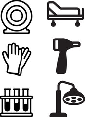 Fototapeta premium A collection of six black and white icons representing various medical and laboratory equipment and tools.