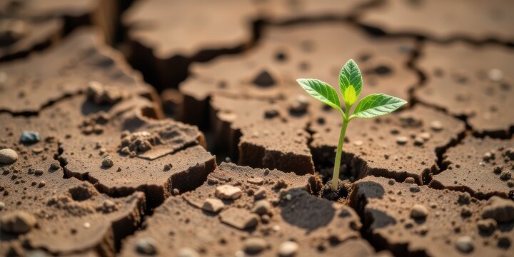 World soild day concept. New plant sprouting from cracked dry soil, symbolizing resilience.