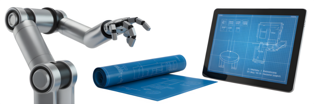 Robotic arm reaching for blueprints displayed on a tablet with rolled blueprints representing automation and precision in engineering and design work - Powered by Adobe