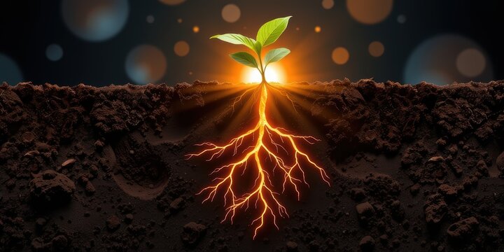 World soild day concept. A seedling grows through soil, illuminated by light from above.