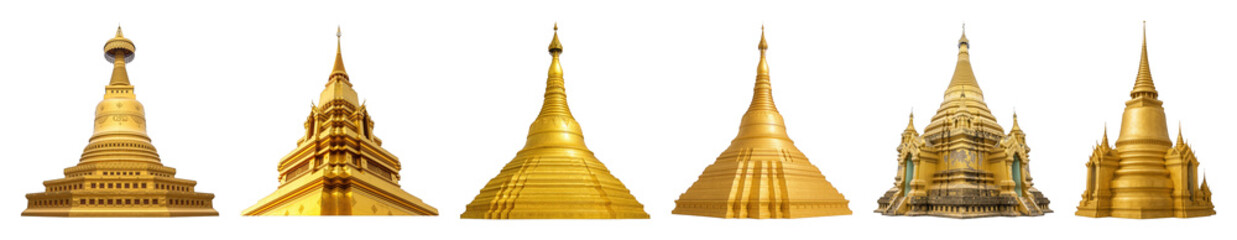 Golden pagoda and stupa set including various tiered designs isolated. Asian architectural and spiritual collection.
