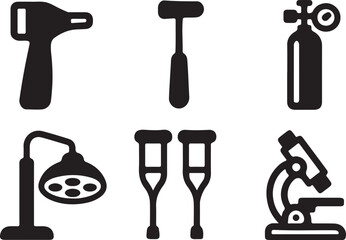 A collection of six black silhouette icons representing various medical and scientific instruments and equipment.