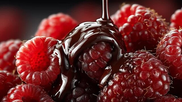 Fresh red raspberries with melted dark chocolate drizzled on top, offering a tempting and appetizing view