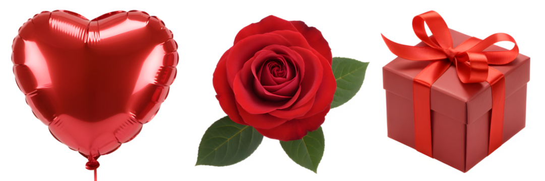 Heart balloon red rose and gift box with ribbon create a romantic arrangement perfect for valentine's day anniversaries or expressing love and affection