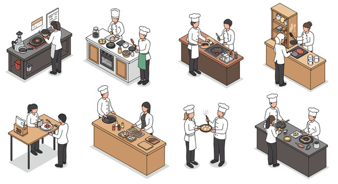 Isometric kitchen scenes with chefs and cooking activities in a culinary setting - Powered by Adobe