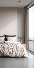 Neutral bedroom interior with beige bedding and large window