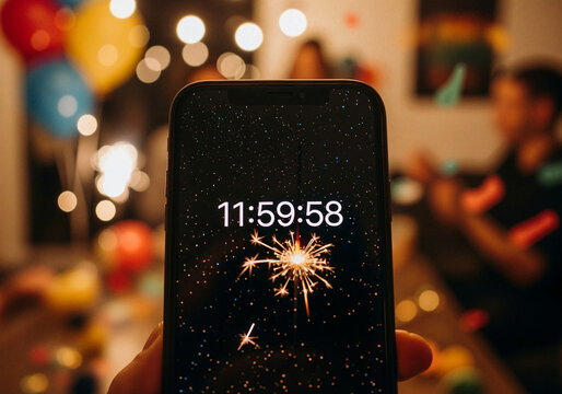 Smartphone displaying countdown timer showing 11:59:58 with sparkler effect, surrounded by festive decorations, balloons, and party atmosphere celebrating New Year's Eve