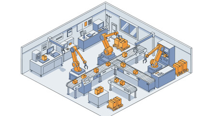 Obraz premium Modern isometric factory with robotic assembly line in blue and orange