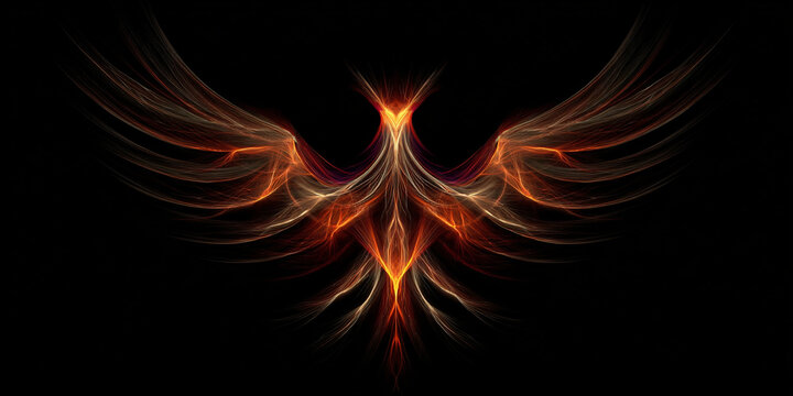 Abstract glowing phoenix bird made of fire lines on black background digital art - AI generated