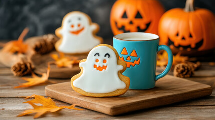 Food for halloween party, Ghost-shaped sugar cookies decorated with royal icing for Halloween.