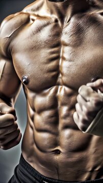 Close-up of muscular male torso with abs and clenched fists, cotton wraps and sweat sheen, shallow depth on dark studio background, foreground fists, concept of sports motivation