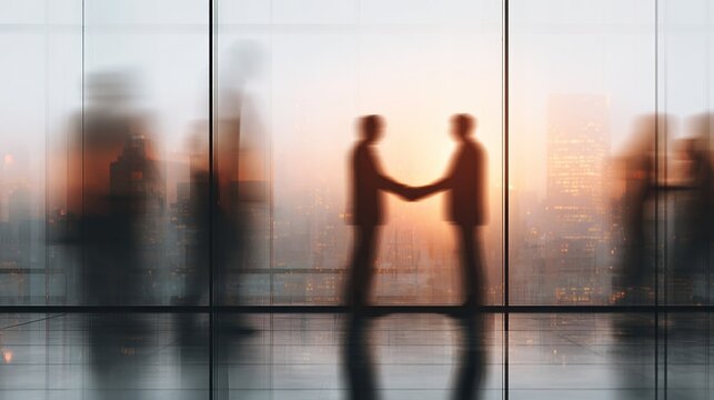 Business agreement concept showing blurred silhouette of business people shaking hands near large window in office building showing blurry cityscape. High quality