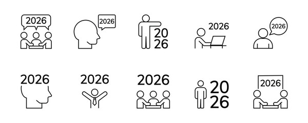 icons. 2026. a collection of minimalist icons depicting the year 2026, integrated into various themes such as documents, devices, graphics, people, communications, and technology.