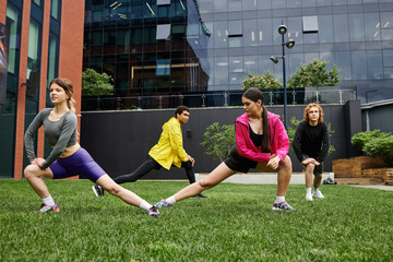 Young athletes engage in dynamic stretching in a modern urban park during a sunny afternoon