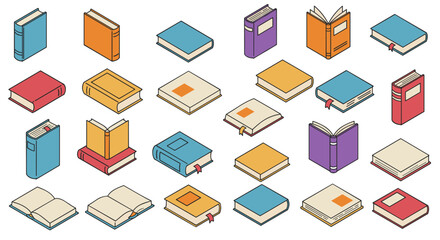 Colorful isometric book collection with open and closed designs on white background