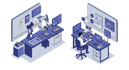 Futuristic workspace with robotics and ai technology in modern office setting