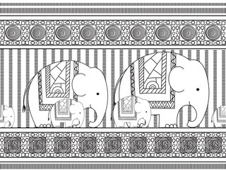 Line drawing of an elephant family on a white background.