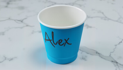 Blue coffee cup with handwritten name Alex on marble surface  