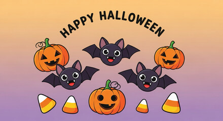 Vibrant and Playful Halloween Celebration with Cheerful Cartoon Pumpkins, Friendly Flying Bats, and Delicious Candy Corn Treats on a Festive Gradient Background
